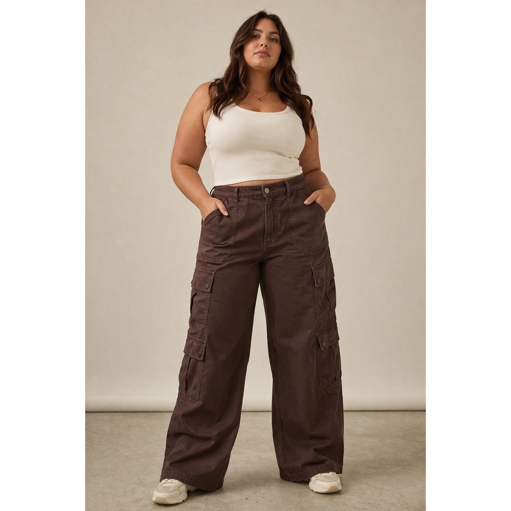 Y2K Grunge Wide Leg Cargo‎ Pants Cotton Brown 35x32 Size 14 Skate Goth Alt 90s